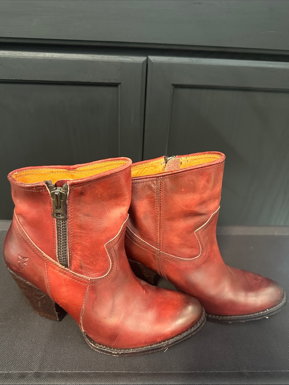 Frye Brown/Red Leather Ankle Booties with Side Zip